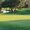 A sunny view of a green with narrow path on the right at Oaks North Golf Course