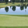 A view of a green with water coming into play at Valley Oaks Golf Club.