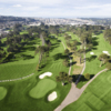 Aerial view of hole #18 at Lake Merced Golf & Country Club