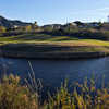 A view of the 16th hole on the Mountain Course at Robinson Ranch Golf Club, taken from the 18th hole across the pond.