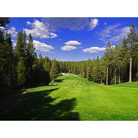 The par-4 18th hole at Tahoe Donner Golf Course plays dramatically downhill.