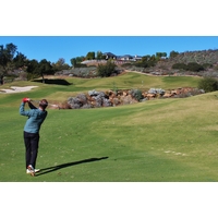 The final approach to the par-5 14th hole at Maderas Golf Club is a treacherous uphill shot over a desert hazard.
